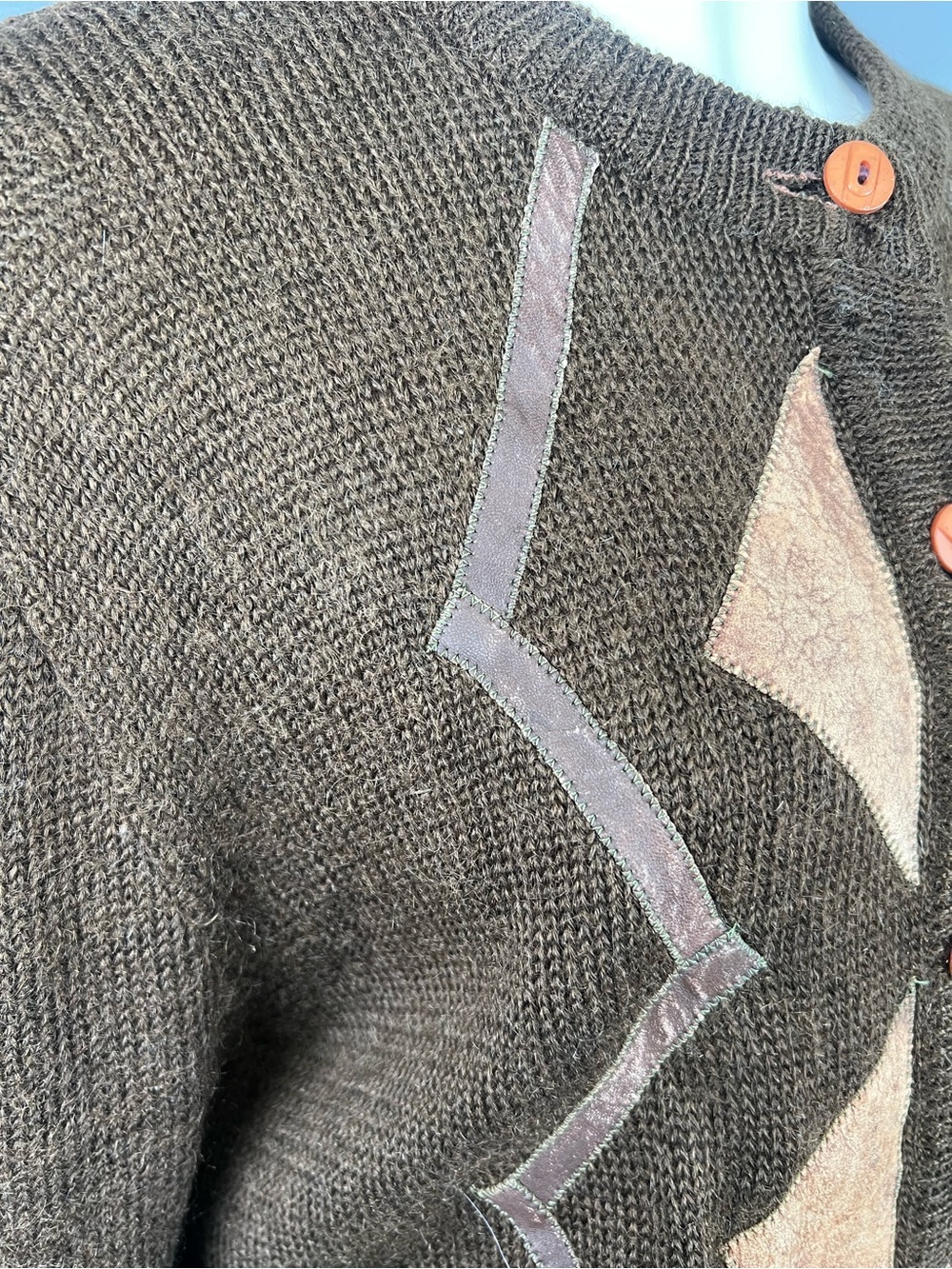 Knit Cardigan with Brown Geometric Faux Leather Appliqués - Picture 5 of 6